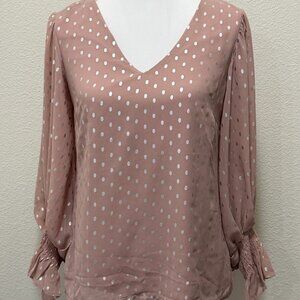 1. State pink and silver polka dot blouse, balloon sheer sleeves, XS